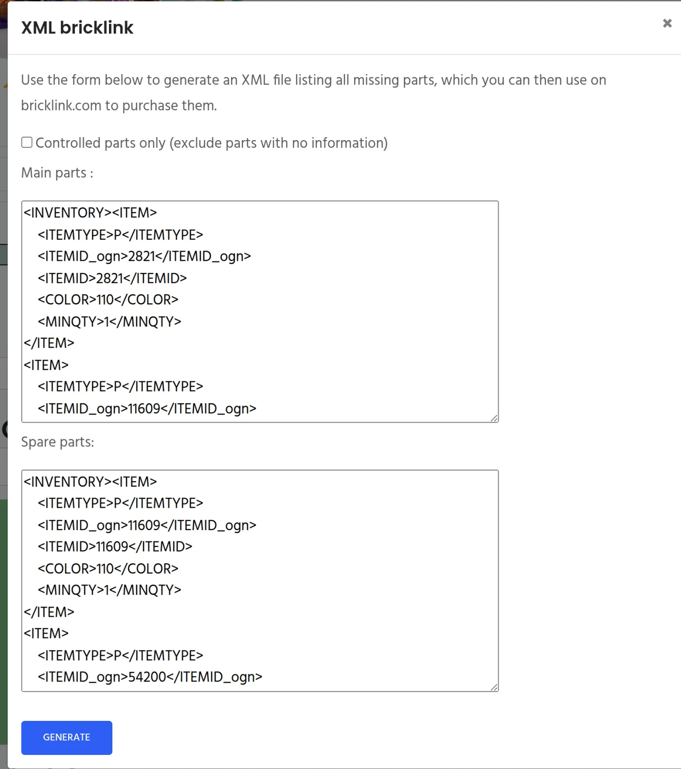 La fenêtre XML Bricklink, avec le XML des pièces principales et celui des pièces de rechange