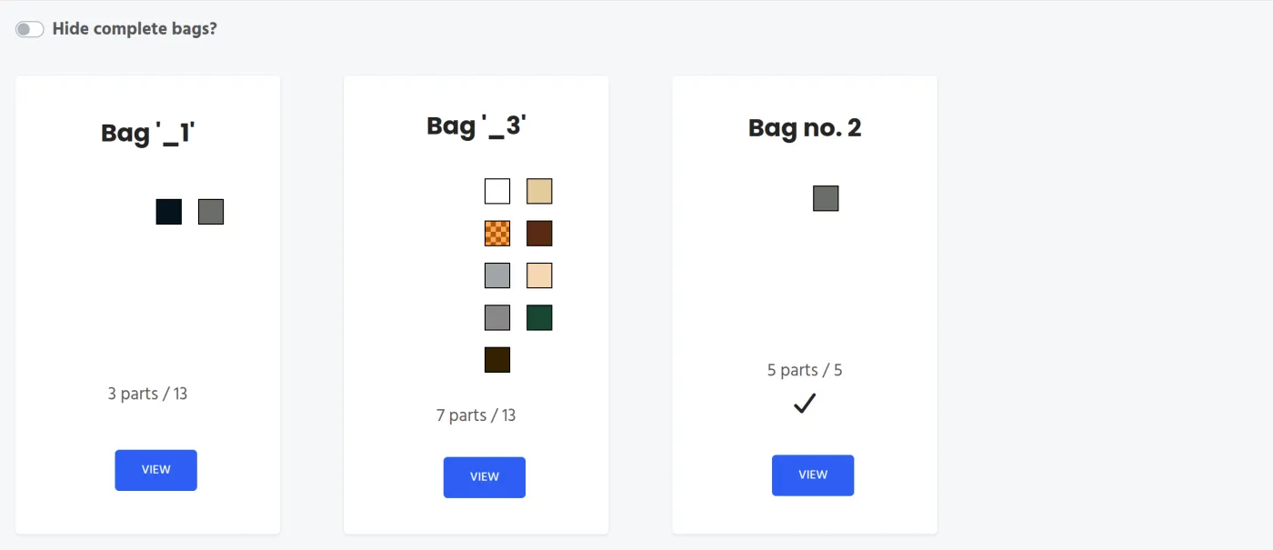 Un inventaire en mode sachets : une vignette par sachet, et une coche sur le sachet terminé